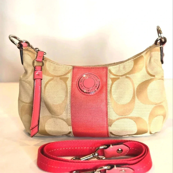 Coach Signature Stripe Demi Crossbody Shoulder Khaki Coral Bag No. F19218 - Picture 1 of 14